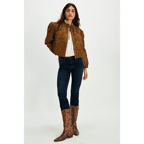NWT FREE PEOPLE Quinn Quilted Crop Jacket $198 LARGE Bronze/Brown Patching - Picture 4 of 8